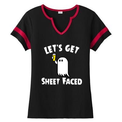 Lets Get Sheet Faced Beer Funny Halloween Costume Funny Ladies Halftime Notch Neck Tee