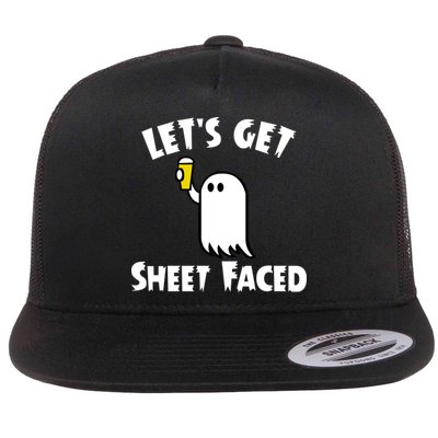 Lets Get Sheet Faced Beer Funny Halloween Costume Funny Flat Bill Trucker Hat