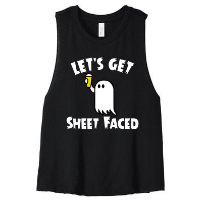 Lets Get Sheet Faced Beer Funny Halloween Costume Funny Women's Racerback Cropped Tank