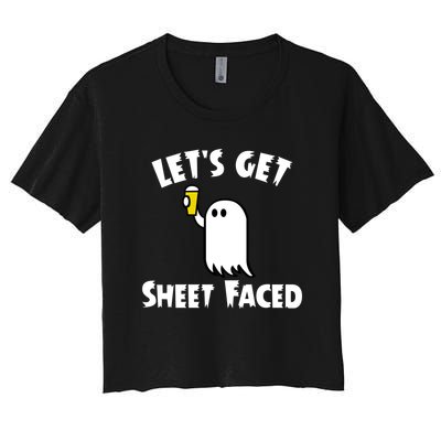 Lets Get Sheet Faced Beer Funny Halloween Costume Funny Women's Crop Top Tee