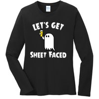 Lets Get Sheet Faced Beer Funny Halloween Costume Funny Ladies Long Sleeve Shirt