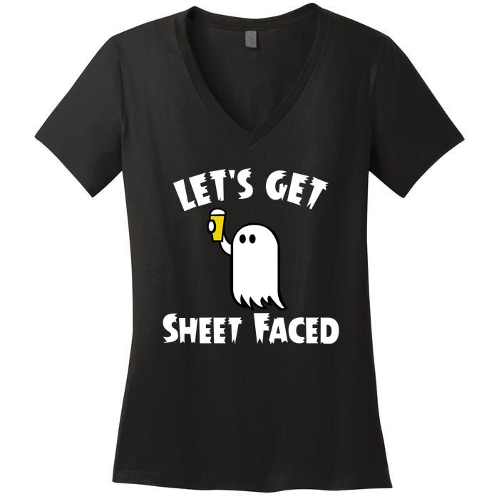 Lets Get Sheet Faced Beer Funny Halloween Costume Funny Women's V-Neck T-Shirt