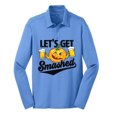 Lets Get Smashed Funny Pumpkin Beer Halloween Silk Touch Performance Long Sleeve Polo