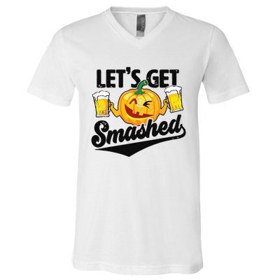 Lets Get Smashed Funny Pumpkin Beer Halloween V-Neck T-Shirt