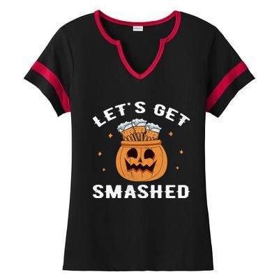 LetS Get Smashed Cool Carved Pumpkin Beer Halloween Gift Ladies Halftime Notch Neck Tee