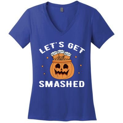 LetS Get Smashed Cool Carved Pumpkin Beer Halloween Gift Women's V-Neck T-Shirt