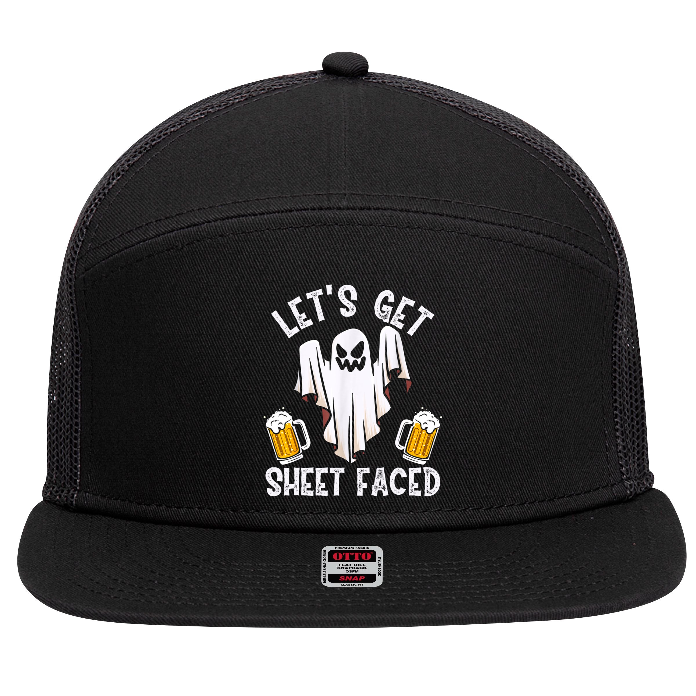 Lets Get Sheet Faced Boo Beer Halloween 7 Panel Mesh Trucker Snapback Hat
