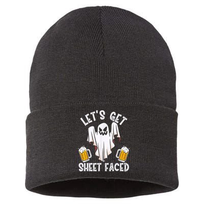 Lets Get Sheet Faced Boo Beer Halloween Sustainable Knit Beanie