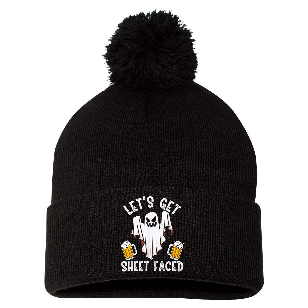 Lets Get Sheet Faced Boo Beer Halloween Pom Pom 12in Knit Beanie