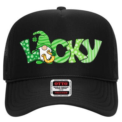 Lucky Gnome St Patricks Day Irish Shamrock Horseshoe Clovers High Crown Mesh Back Trucker Hat