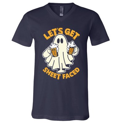 Lets Get Sheet Faced Funny Ghost Halloween Party Drinking V-Neck T-Shirt