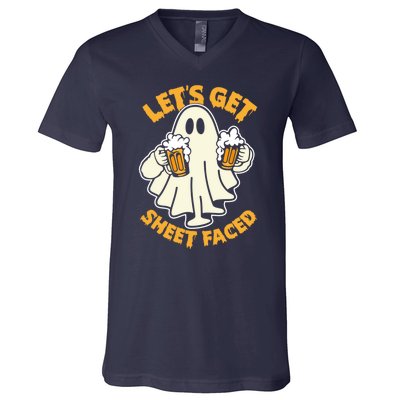 Lets Get Sheet Faced Funny Ghost Halloween Party Drinking V-Neck T-Shirt