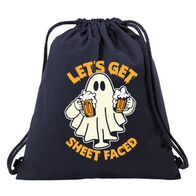 Lets Get Sheet Faced Funny Ghost Halloween Party Drinking Drawstring Bag