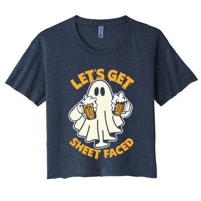 Lets Get Sheet Faced Funny Ghost Halloween Party Drinking Crop Top