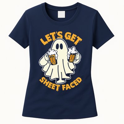 Lets Get Sheet Faced Funny Ghost Halloween Party Drinking Womens T-Shirt