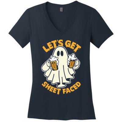 Lets Get Sheet Faced Funny Ghost Halloween Party Drinking Women's V-Neck T-Shirt