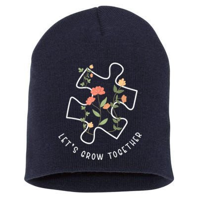 Let's Grow Together Puzzle Flowers Autism Support Girl Short Acrylic Beanie