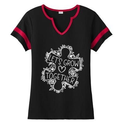 Lets Grow Together Autism Awareness Floral Autistic Puzzle Gift Ladies Halftime Notch Neck Tee