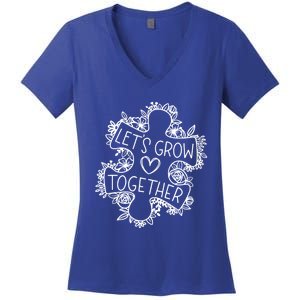 Lets Grow Together Autism Awareness Floral Autistic Puzzle Gift Women's V-Neck T-Shirt