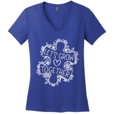 Lets Grow Together Autism Awareness Floral Autistic Puzzle Gift Women's V-Neck T-Shirt