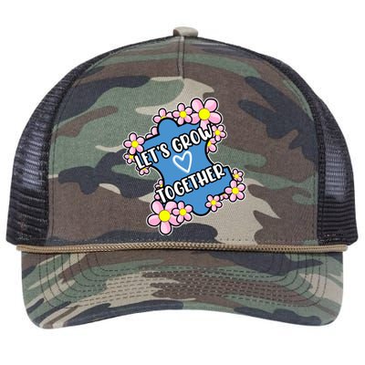 Let's Grow Together Autism Awareness Autistic Mom Graphic Gift Retro Rope Trucker Hat Cap