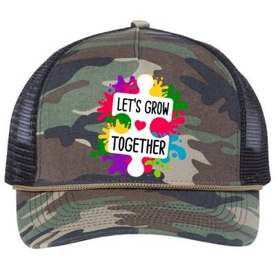 Let's Grow Together Autism Awareness Month Puzzle Piece Gift Retro Rope Trucker Hat Cap