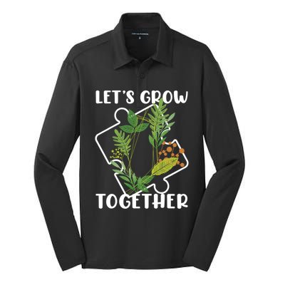 Let's Grow Together Autism Puzzle Piece Plants Meme Gift Silk Touch Performance Long Sleeve Polo