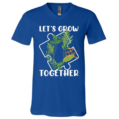 Let's Grow Together Autism Puzzle Piece Plants Meme Gift V-Neck T-Shirt