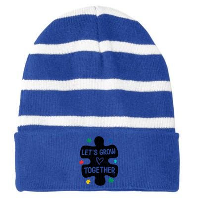 Let's Grow Together Funny Autism Awareness Autistic Graphic Gift Striped Beanie with Solid Band