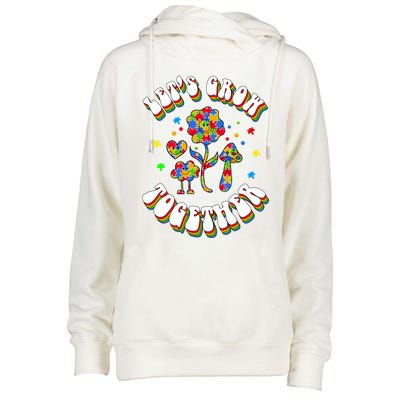 Let's Grow Together Puzzle Flowers Autism Support Great Gift Womens Funnel Neck Pullover Hood