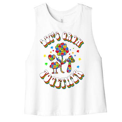 Let's Grow Together Puzzle Flowers Autism Support Great Gift Women's Racerback Cropped Tank