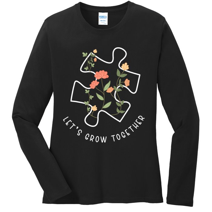 LetS Grow Together Puzzle Flowers Autism Support Girl Ladies Long Sleeve Shirt