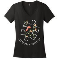 LetS Grow Together Puzzle Flowers Autism Support Girl Women's V-Neck T-Shirt