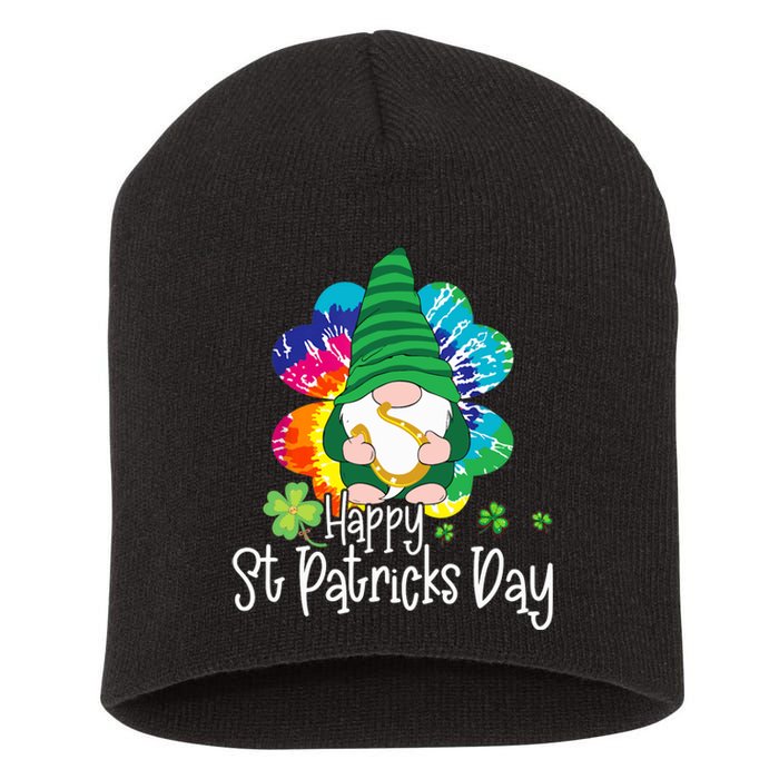 Lucky Gnome Tie Dye Shamrock Happy St Patricks Day Short Acrylic Beanie