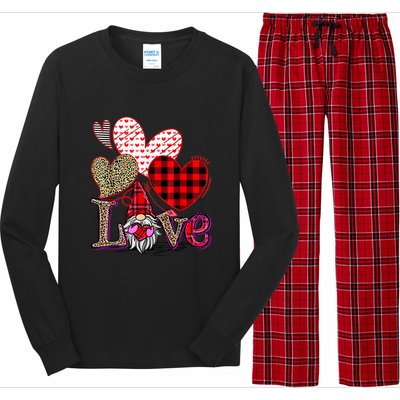 Love Gnome Valentines Day Red Buffalo Plaid Leopard Long Sleeve Pajama Set