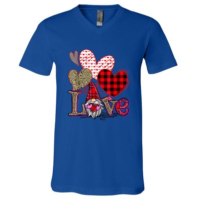 Love Gnome Valentines Day Red Buffalo Plaid Leopard V-Neck T-Shirt