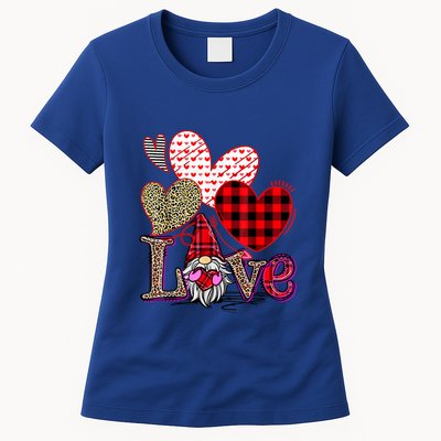 Love Gnome Valentines Day Red Buffalo Plaid Leopard Womens T-Shirt