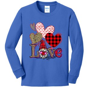 Love Gnome Valentines Day Red Buffalo Plaid Leopard Kids Long Sleeve Shirt