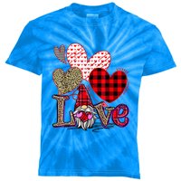 Love Gnome Valentines Day Red Buffalo Plaid Leopard Kids Tie-Dye T-Shirt