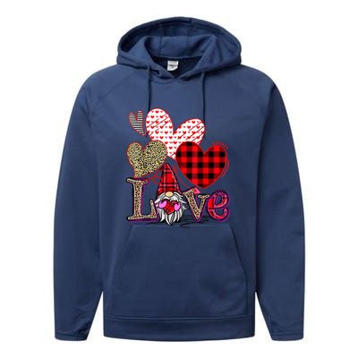 Love Gnome Valentines Day Red Buffalo Plaid Leopard Performance Fleece Hoodie