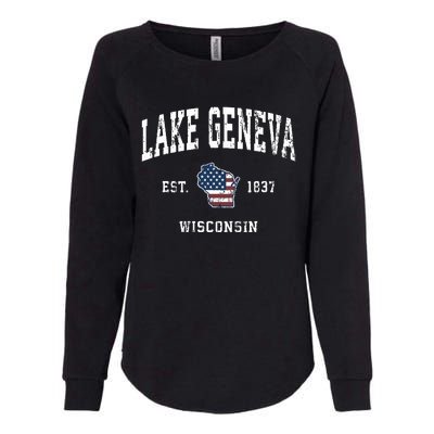 Lake Geneva Wisconsin Wi Vintage American Flag Sports Design Womens California Wash Sweatshirt