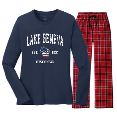 Lake Geneva Wisconsin Wi Vintage American Flag Sports Design Women's Long Sleeve Flannel Pajama Set 