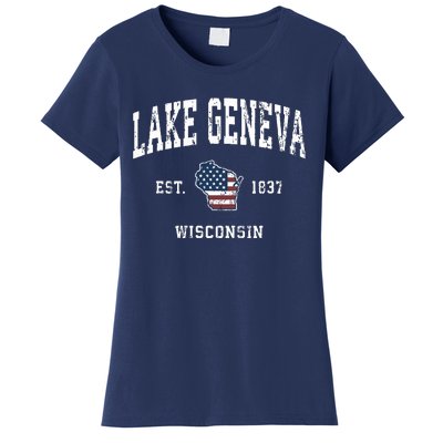 Lake Geneva Wisconsin Wi Vintage American Flag Sports Design Women's T-Shirt