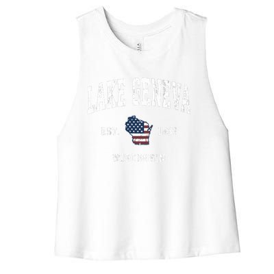 Lake Geneva Wisconsin Wi Vintage American Flag Sports Design Women's Racerback Cropped Tank