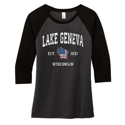 Lake Geneva Wisconsin Wi Vintage American Flag Sports Design Women's Tri-Blend 3/4-Sleeve Raglan Shirt