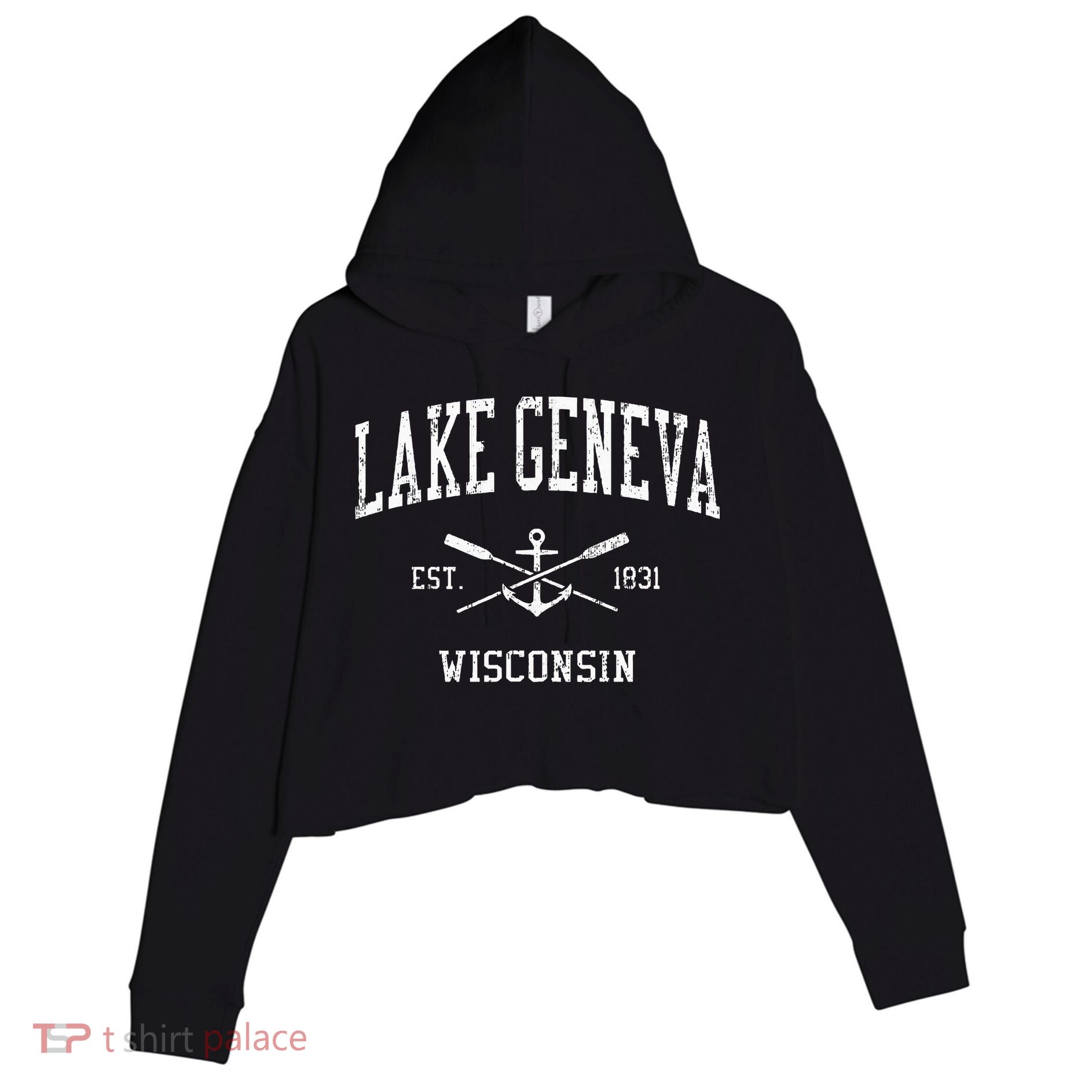 Lake Geneva Wi Vintage Crossed Oars & Boat Anchor Sports Crop Fleece Hoodie
