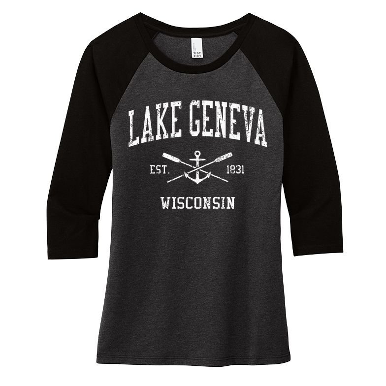 Lake Geneva Wi Vintage Crossed Oars & Boat Anchor Sports Women's Tri-Blend 3/4-Sleeve Raglan Shirt