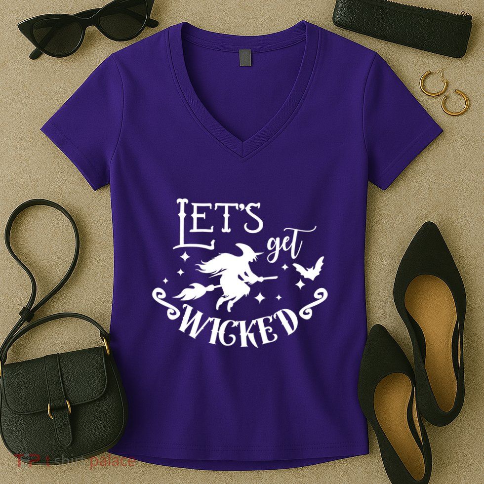 Lets Get Wicked Halloween Witch Funny Women's V-Neck T-Shirt
