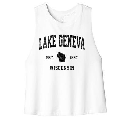 Lake Geneva Wisconsin Wi Vintage Established Sports Design Women's Racerback Cropped Tank