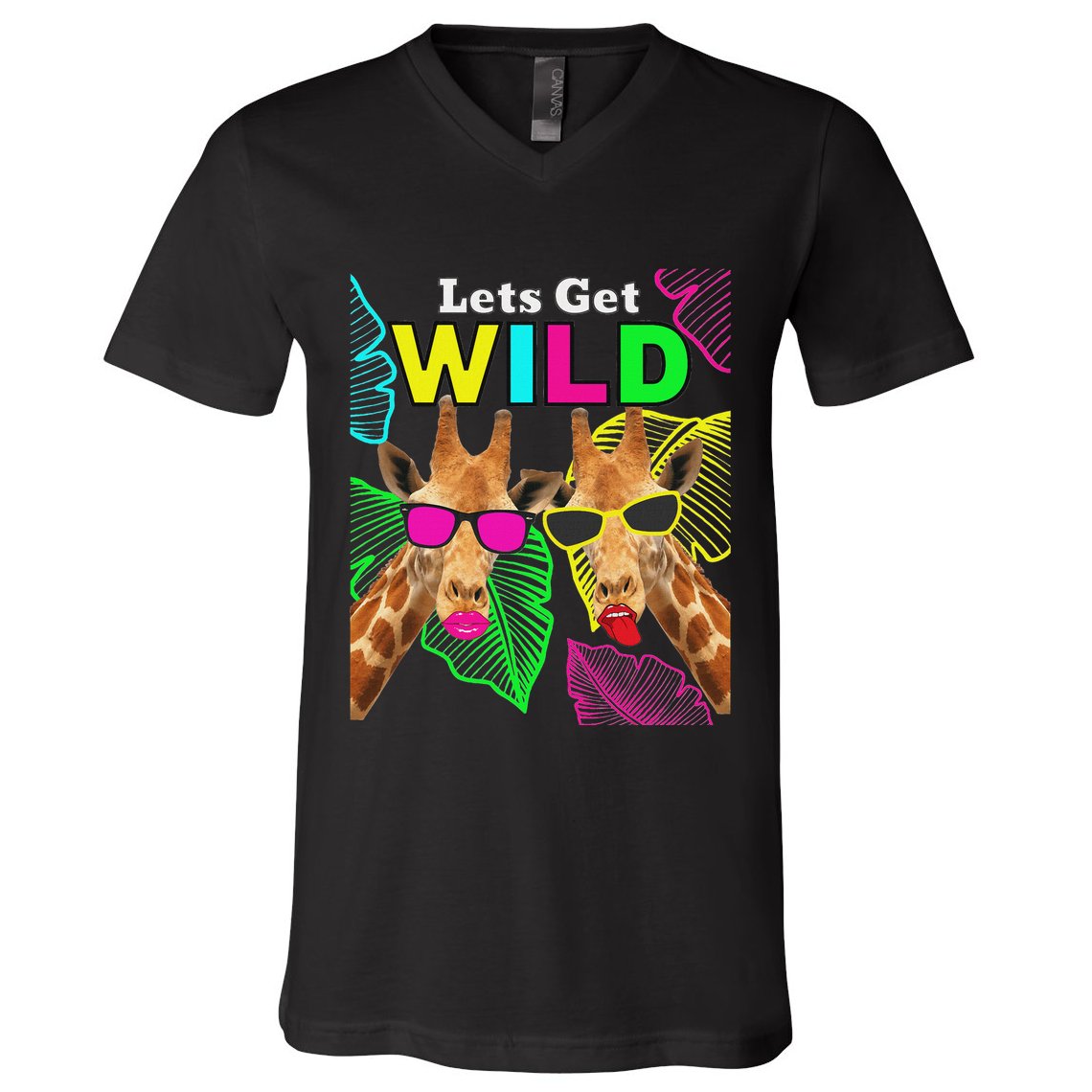 LetS Get Wild Zoo Animals Safari Party Giraffe With Glasses V-Neck T-Shirt